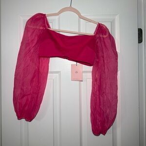 Hello Molly Pink mesh top with puffy sleeves Size 2
